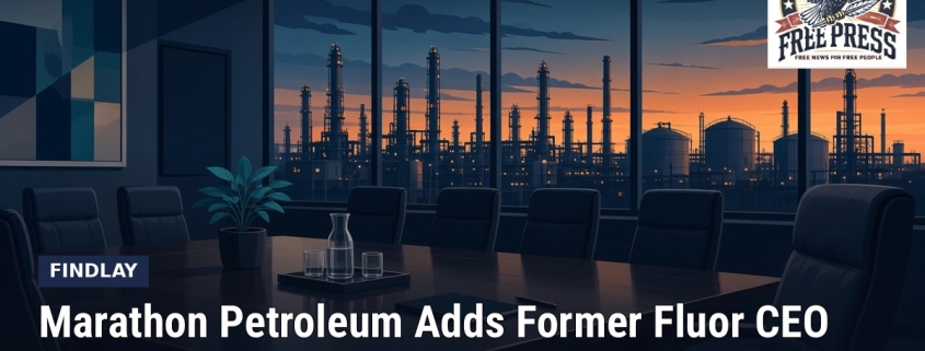 FFP illustration of an empty boardroom overlooking a refinery skyline at dusk